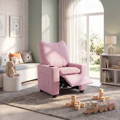 Sillón reclinable para niños con respaldo y reposapiés ajustables, portavasos y bolsillos laterales para niños de 3 años en adelante