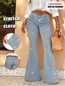 Women's High-Waist Flare Jeans, Decorated With Rhinestones, Medium Stretch Woven Fabric, Long Pants Design, With Zipper And Pockets, Perfect Choice For Autumn - Light Wash - View 2