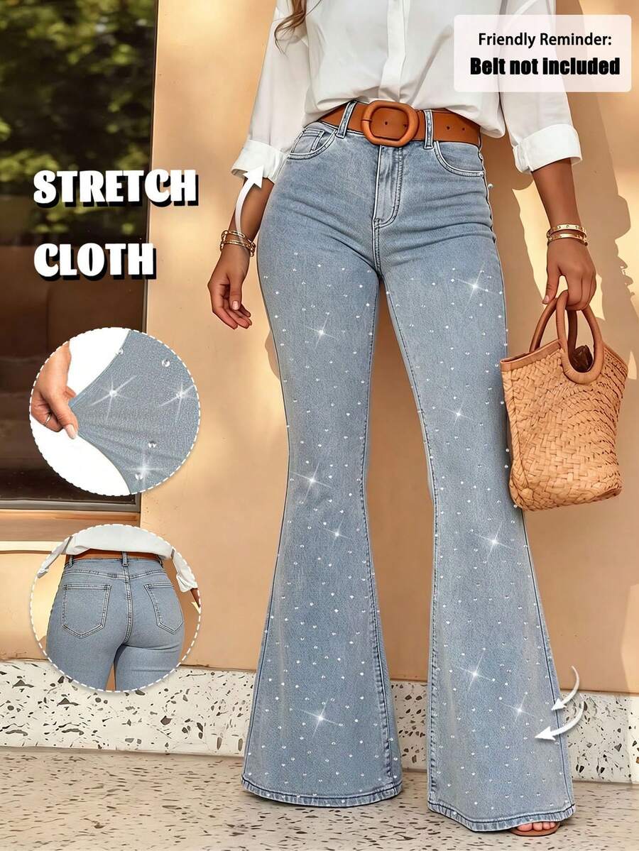 Women's High-Waist Flare Jeans, Decorated With Rhinestones, Medium Stretch Woven Fabric, Long Pants Design, With Zipper And Pockets, Perfect Choice For Autumn