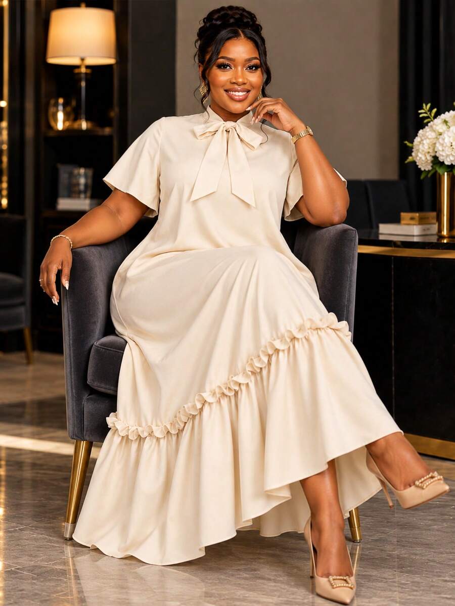 AOMEI Women's Plus Size Khaki Loose Maxi Dress, Bow Neckline With Ruffle Hem, African Minimalist Solid Color, Casual Church Style