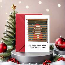 OBOVAY 1 Greeting Card + 1 Envelope Funny Christmas Greeting Card, Santa Peeking Through Blinds "He Sees You When You Are Sleeping", Perfect For Friends, Winter Holiday Minimalist Cartoon Style Greeting Card. - View 1