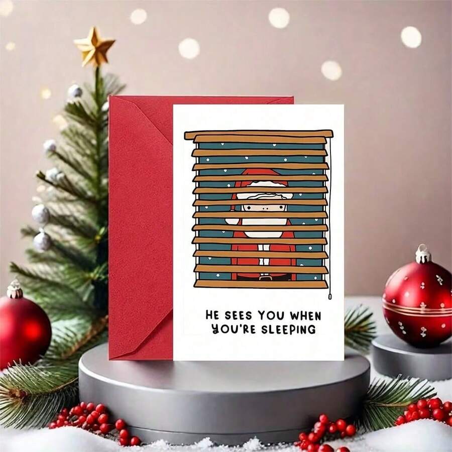 OBOVAY 1 Greeting Card + 1 Envelope Funny Christmas Greeting Card, Santa Peeking Through Blinds "He Sees You When You Are Sleeping", Perfect For Friends, Winter Holiday Minimalist Cartoon Style Greeting Card. - View 1