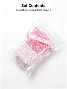 Pink Bow Charger Protective Sleeve, Apple Type-C Data Cable Anti-Breakage Protector, Phone Charging Head Cable Wrap Set - Pink - View 4