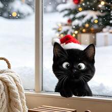 BRUP 1PC Cute Peeking Cat Christmas Static Window Stickers,Tabby Cat With Santa Hat Electrostatic Glass Clings,Xmas Holiday Decor For Home, Shop And Window - Multicolor - View 8