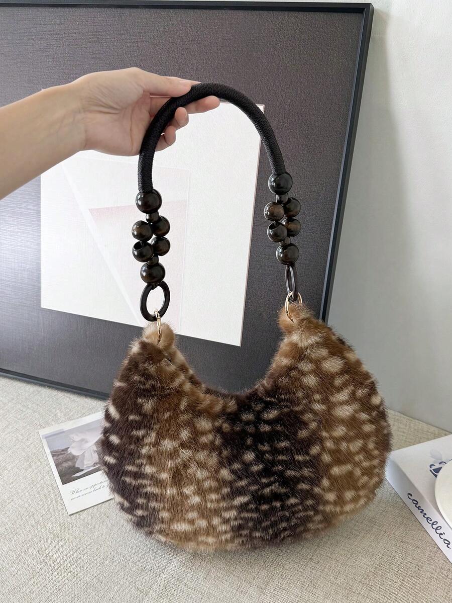 1件大容量毛絨拉鍊托特包，時尚鏈條毛茸茸大包，秋冬新款，適合女性日常使用
