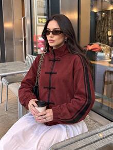 Women's Burgundy Suede Short Jacket, Side Stripe With Cheongsam Button And Zipper Design, Versatile Long Sleeve Coat For Autumn/Winter - Burgundy - View 1