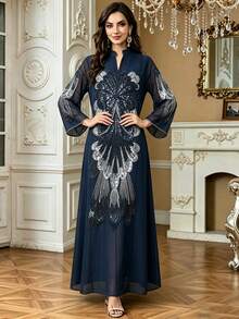 亮片刺繡 Abaya 長裙，立領長袖保守風 Kaftan，杜拜奢華穆斯林長袍，適用於開齋節、齋月、婚禮派對 - 藏蓝色 - 查看 3
