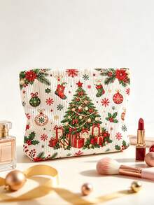New Christmas Theme Print Pattern Makeup Bag | French Print Travel Organizer Bag | Travel Essentials | Poolside Must-Have | Toiletry Bag | Pool Storage Bag | Mother's Day Gift | Teacher's Day Gift | Suitable For Moms, Teachers, Friends And Nurses | Home Essentials | Graduation Gift | Easy To Clean Design | Portable Makeup Bag - Multicolor - View 5