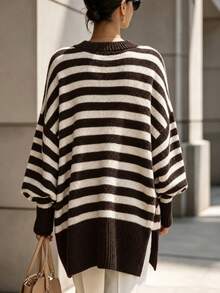 Women's Plus Size Striped Design Loose Casual Elegant Unique Long Top, Autumn/Winter Matching With Beautiful Sweater - Coffee Brown - View 5