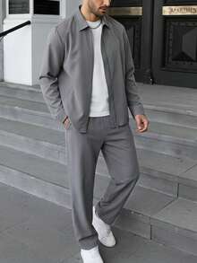 Men's Casual Versatile Woven Plain Grey Shacket Set - Light Grey - View 1
