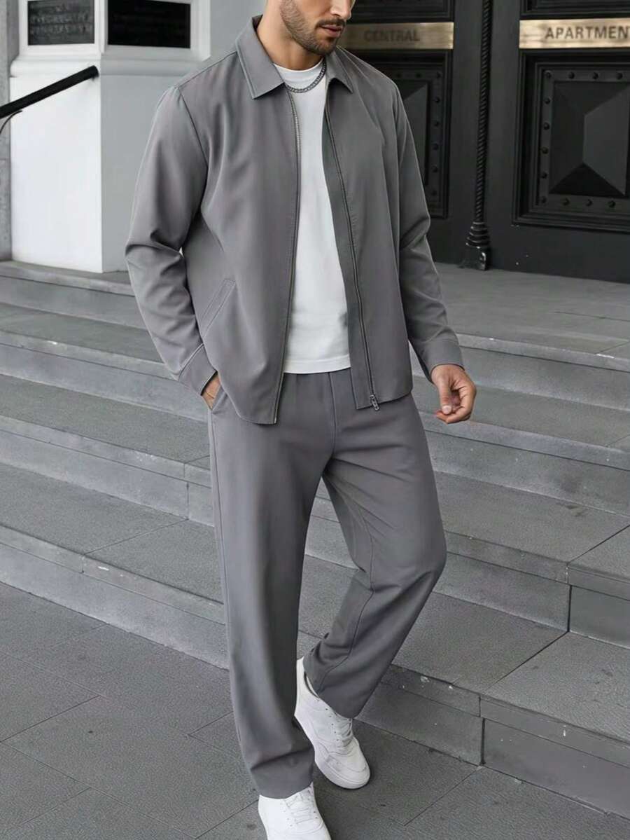 Men's Casual Versatile Woven Plain Grey Shacket Set - Light Grey - View 1