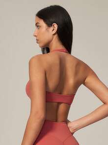 Sodalemon Women's Halter Neck Backless Thick Padded Sports Bra, Pilates Yoga Cropped Top, Running Training Gym Workout Wear - Red - View 5