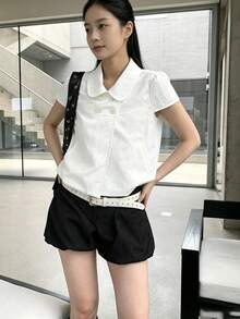 YCYC 韓式風格夏季極簡設計條紋女款短褲 - 黑色 - 查看 4