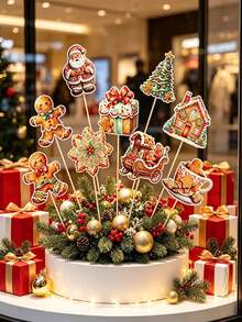 9pcs/Set Hiasan Meja Bentuk Manusia Kue Jahe Natal, Hiasan Tengah Meja Bentuk Kereta Santa, Rumah Kue Jahe, Pohon Natal, Dekorasi Meja Pesta Natal Musim Dingin - A - View 7