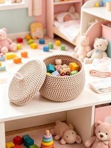 Giỏ lưu trữ dây bện họa tiết chấm màu có nắp, hộp đựng trang trí tròn cho kẹp tóc em bé, đồ chơi nhỏ và đồ dùng lặt vặt trong phòng trẻ - Nhiều màu - Xem 4