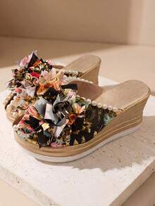 Floral 3D Flower Wedge Mules For Women, Pearl Trim Open Toe Platform Slides - Multicolor - View 6