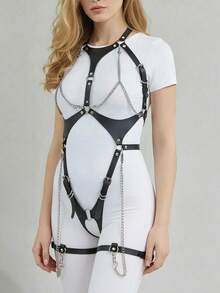 1 Set Women's Black Bondage Harness With Integrated Leg Garter Straps And Chain Decor, Suitable For Carnival, Festival, Party, Club, Performance Costume Accessory - Black - View 1