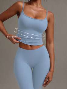 XLLAIS Sexy Backless Women Tank Top, Elastic Casual Spaghetti Strap Camisole Summer - Sky Blue - View 2