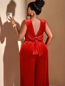 BIUBIU Luxurious Plus Size Long Jumpsuit With A Deep V Neck Sleeveless Design And A Gorgeous Backless Bow Accent For Holiday Parties - Redwood - View 2