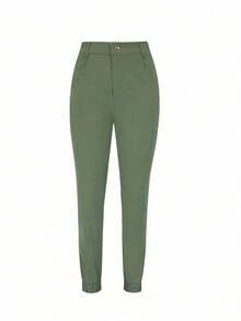 Women's Solid Color Slim Fit Lightweight Long Pants, Versatile For Commuting & Everyday Wear, Spring/Summer Casual - Green - View 4