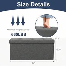 Banco Otomano de Almacenamiento Plegable de 30 Pulgadas, Baúl de Almacenamiento, Taburete de Reposapiés con Asiento Acolchado, Banco para Sala de Estar y Recámara, Mueble Multiusos Resistente, Fácil de Armar y Guardar - Gris - Ver 3
