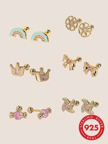 Artepollo Dainty Enamel Pink CZ Stud Earrings, S925 Sterling Silver 14K Gold Plated, Rainbow Crown Bow Candy Flower Windmill Ear Jewelry, Gift Box - Gold - View 1