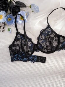 Colorblock Lace Lingerie Set, Includes Embroidered Bra And Low-Waist Panties - Black - View 6