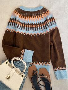 Women's Casual Autumn/Winter Fair Isle Pattern Crew Neck Contrast Color Long Sleeve Loose Knit Pullover - Chocolate Brown - View 3