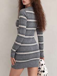 Women's New Grey Striped Knit Polo Shirt Dress, Long Sleeve Short Slim Fit, Suitable For Autumn/Winter Wear - Grey - View 2