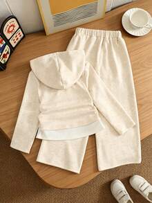 2pcs/Set Girls Casual Solid Color Patchwork Long Sleeve Hooded Lightweight Fabric 2-In-1 Sweatshirt & Solid Color Versatile Loose Pants Outdoor Outfit Spring/Autumn - Multicolor - View 4