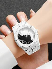 Unisex Plastic Strap Fashion Marble Pattern Arabic Numeral Dial Classic Casual Quartz Wristwatch, Gift For Friends (1pc/Set) Watch Box Not Included, Note: Strap Pattern Position Varies - White - View 3
