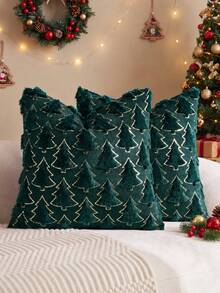 1pc Christmas Sequin Christmas Tree Decorative Throw Pillow Case, Front Embroidered Christmas Tree, Velvet Fabric Back, Square Cushion Cover, Holiday Home Pillow Decor, Soft Comfortable Velvet Material, Modern Decor For Sofa, Home & Bedroom - Dark Green - View 2