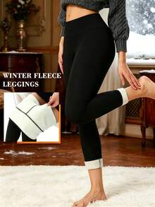 Women's Autumn/Winter Thermal Lined Warm Leggings, Solid Color High Elasticity Sports Pants, Winter Sportswear - Black - View 3