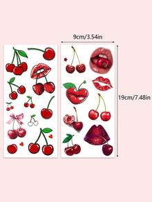2 Sheets 3D Cherry & Red Lips Temporary Tattoo Stickers, Stereo 3D Cherry And Red Lips Creative Pattern Fake Tattoos, Waterproof Sweatproof Easy To Apply, Ideal For Women For Daily, Dating And Party - Multicolor - View 4