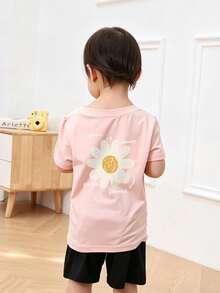 Baby Girls' Minimalist Doodle Daisy Print Round Neck Short Sleeve Cute Top - Pink - View 3