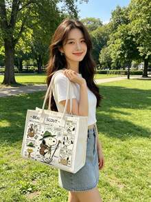 1pc Snoopy Canvas Tote Bag, Large Capacity Shoulder Bag, Suitable For Daily Commute, School, Picnic, Cute Cartoon Gift For Women And Girls - Multicolor - View 11