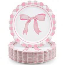 16/32pcs 7 Inch Leak-Proof Thickened Disposable Paper Plates, Pink Bow Lace Round Easy-To-Clean Cake Plates, Suitable For Birthday Parties, Picnics, Daily Activities, Gatherings - White Background With a Large Pink Bow - View 1