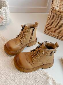 Children's British Style Lace-Up Short Boots, Retro Perforated Leather Shoes (With Side Zipper And Buckle), Anti-Slip Thick-Soled Winter Boots - Camel - View 1