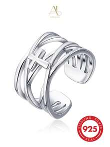 1pc Minimalist S925 Sterling Silver Polished Cross-Wrapped Line Open Adjustable Ring, Atmospheric Accessory For Women - Silver - View 8