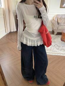 Women's Casual Long Sleeve T-Shirt With Frill Trim Patchwork - White - View 3