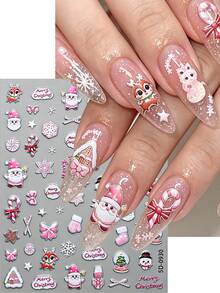 1sheets 5D Embossed Christmas Nail Stickers,Self Adhesive Cute Cartoon Santa,Reindeer, Candy Cane, Snowflake, Bow, Snowman, Gingerbread House Pattern,Winter Xmas Manicure Decals,Nail Art Decor For Holiday Party DIY Nail Design - Multicolor - View 1