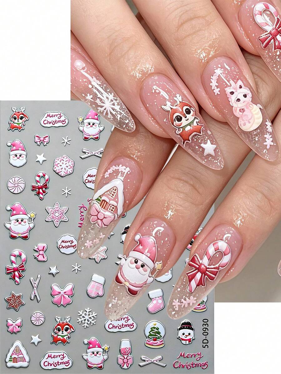 1sheets 5D Embossed Christmas Nail Stickers,Self Adhesive Cute Cartoon Santa,Reindeer, Candy Cane, Snowflake, Bow, Snowman, Gingerbread House Pattern,Winter Xmas Manicure Decals,Nail Art Decor For Holiday Party DIY Nail Design - Multicolor - View 1