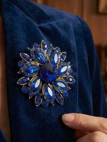 Vintage Blue Rhinestone Flower Brooch, Suitable For Women, Elegant Party Dress And Scarf Decoration Brooch - Blue - View 2