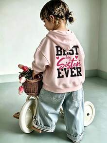 Girls Best Big Sister Slogan & Heart Print Sweatshirt, Casual Long Sleeve Pullover Sweatshirt, Suitable For Autumn Daily Wear - Pink - View 9