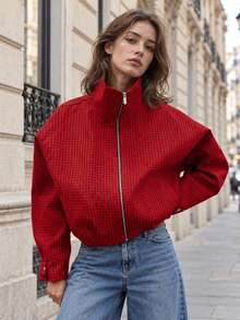 Chaqueta corta oversize con cremallera y estampado de cuadros rojos para mujer, prenda de abrigo de otoño - Rojo - Ver 3