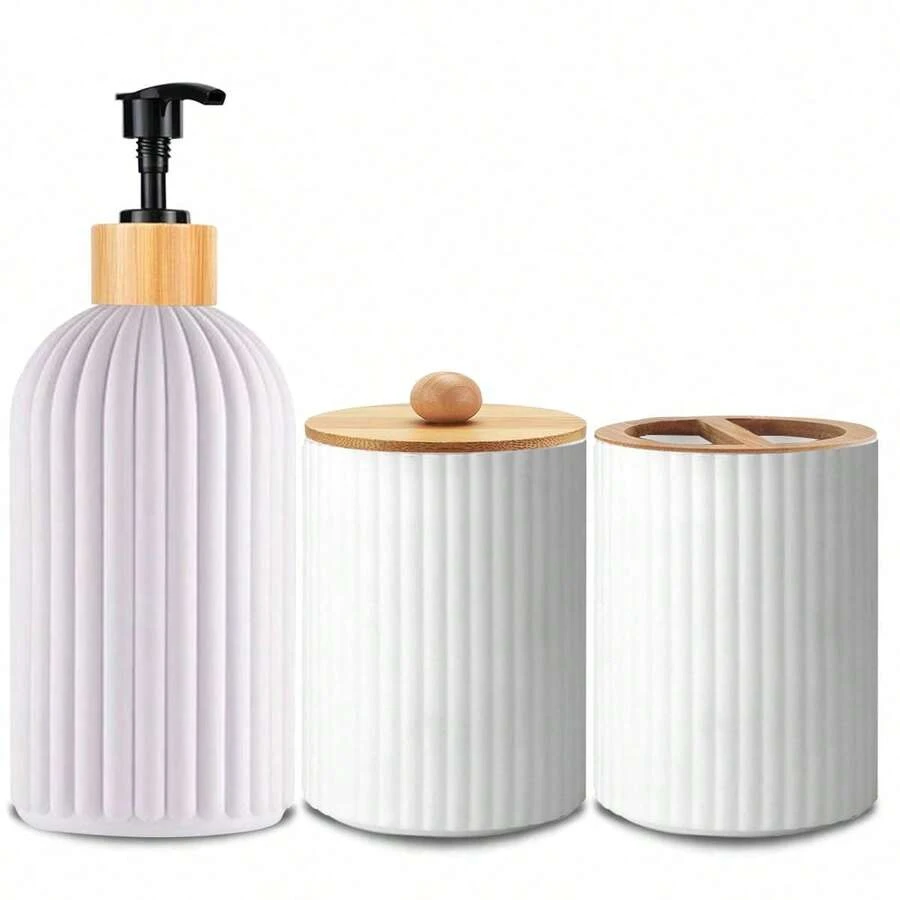 Juego de 3 accesorios de baño, incluye dispensador recargable de color mate, dispensador manual de loción/jabón, soporte para cepillo de dientes y caja de almacenamiento para cepillo de dientes y pasta de dientes, accesorios de baño para volver a la escuela EMGB - Blanco - Ver 1