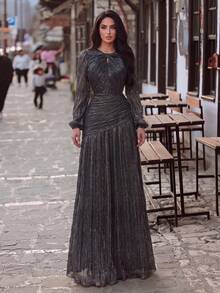 Elegant Round Neck Front Cut-Out Evening Gown, Suitable For Weddings, Balls, Anniversaries And Formal Occasions Party Black Fall - Black - View 4