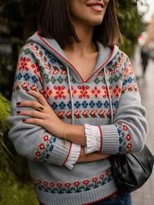 Women's Fall Winter Heather Grey Fair Isle Jacquard Hooded Drawstring Soft Fuzzy Knit Pullover Sweater, Contrast Trim Cozy Casual Daily Holiday Wear - Grey - View 7