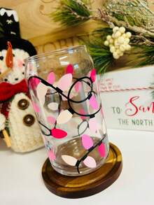Pink Christmas Light String Glass Straw Cup, Deep And Light Pink White Gradient Bulb Creative Full Print, Transparent Can-Shaped Design, Large Capacity Clear Cup Body, Suitable For Iced Coffee And Fruit Tea, Holiday Atmosphere Water Cup - Pink - View 5