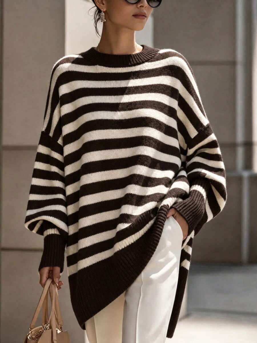 Women's Plus Size Striped Design Loose Casual Elegant Unique Long Top, Autumn/Winter Matching With Beautiful Sweater - Coffee Brown - View 1